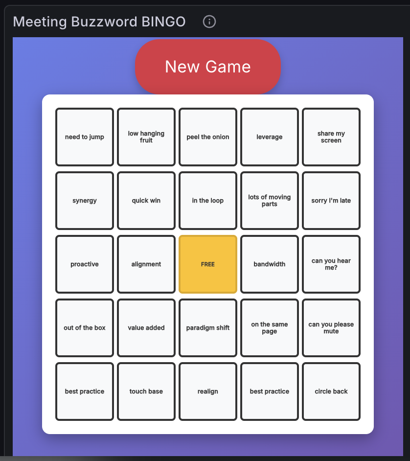 A screenshot of the 'Meeting Buzzword Bingo' panel with phrases like 'low hanging fruit,' 'paradigm shift,' and 'synergy.'