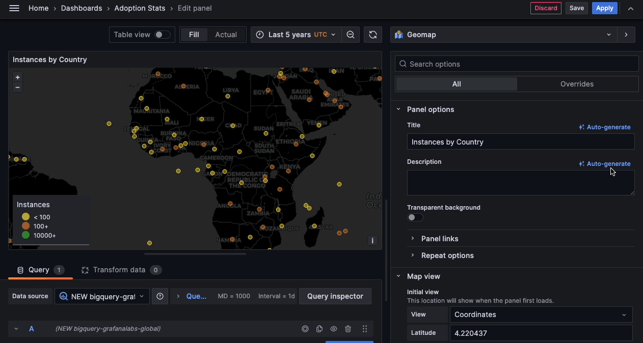 Gif of AI-generated titles and panels in Grafana Cloud