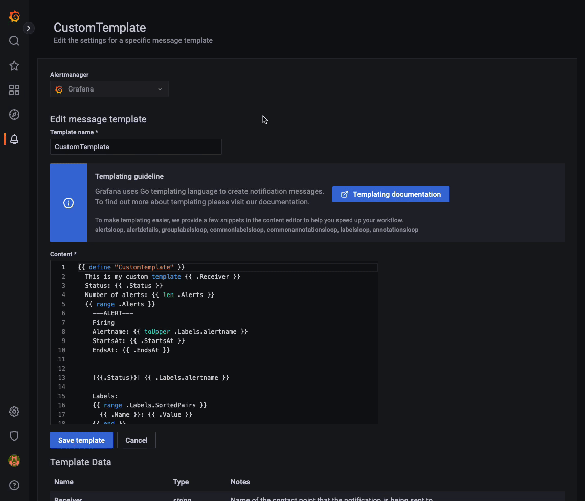 Gif of dynamic templating in Grafana Alerting.