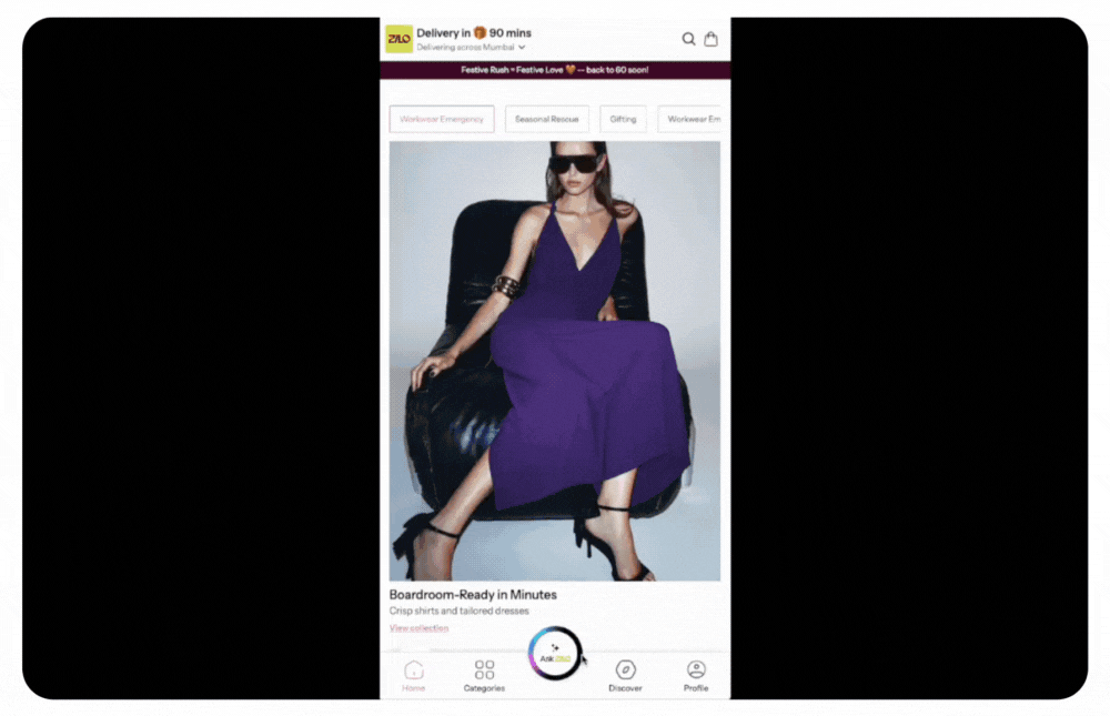 Fashion AI Stylist suggesting a beautiful purple wrap dress for a 'date night' inquiry