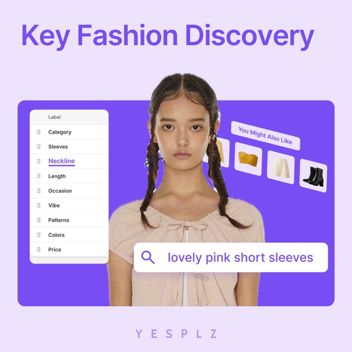 Key AI tools for fashion product discovery An illustration of key AI tools for fashion product discovery, including natural language search, fashion-specific filters, and personalized recommendations working together on a fashion eCommerce platform.