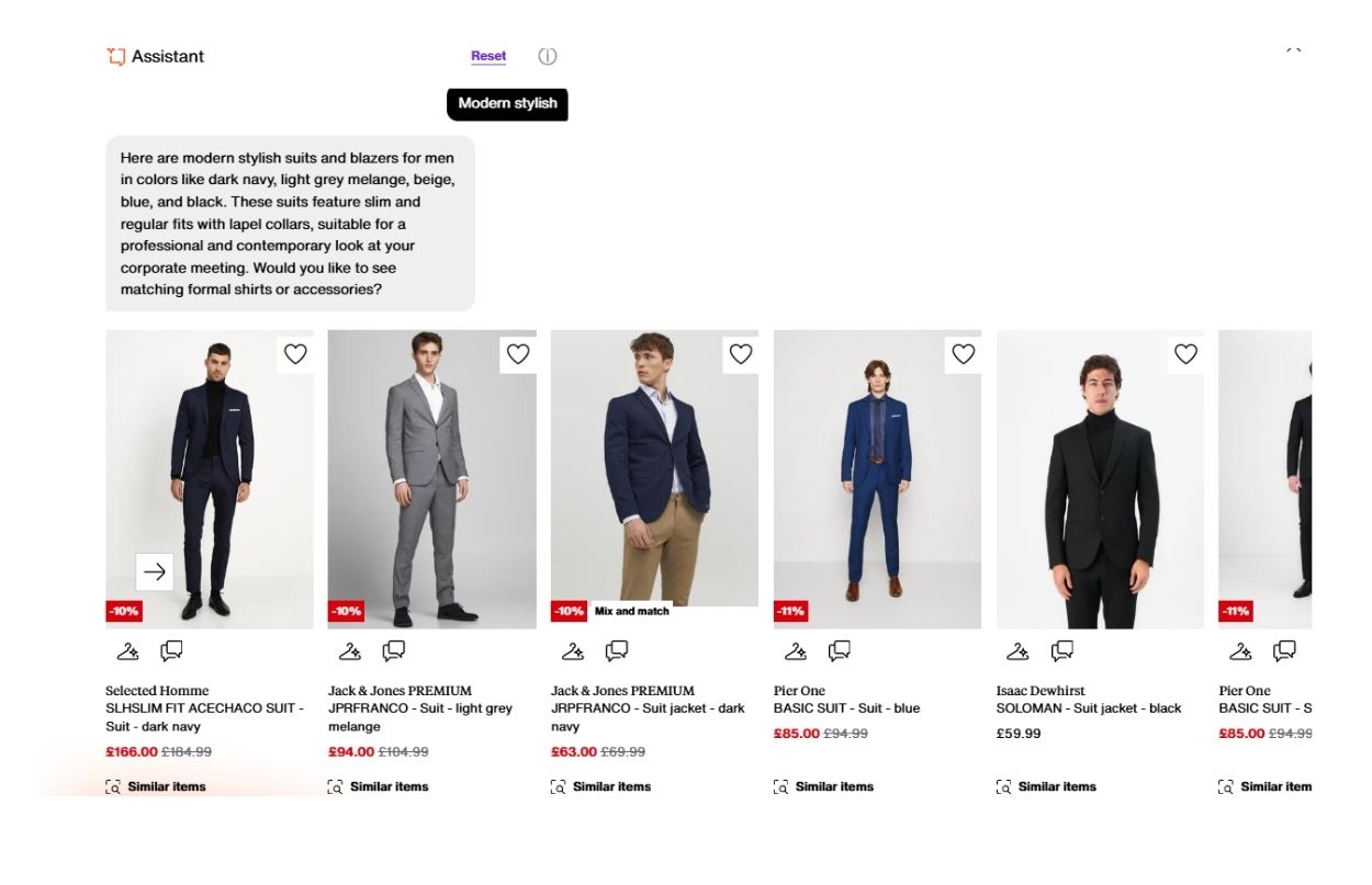 A selection of men's suits in various colors and styles displayed on a shopping website, with prices and discount labels shown.