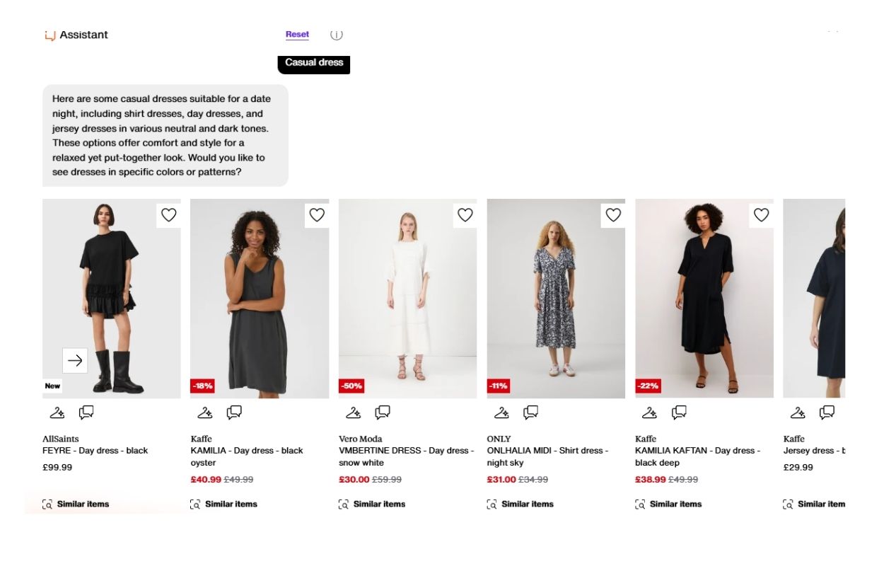 A selection of casual dresses on a shopping website, featuring various styles, colors, and discounts, with options to filter and view similar items.