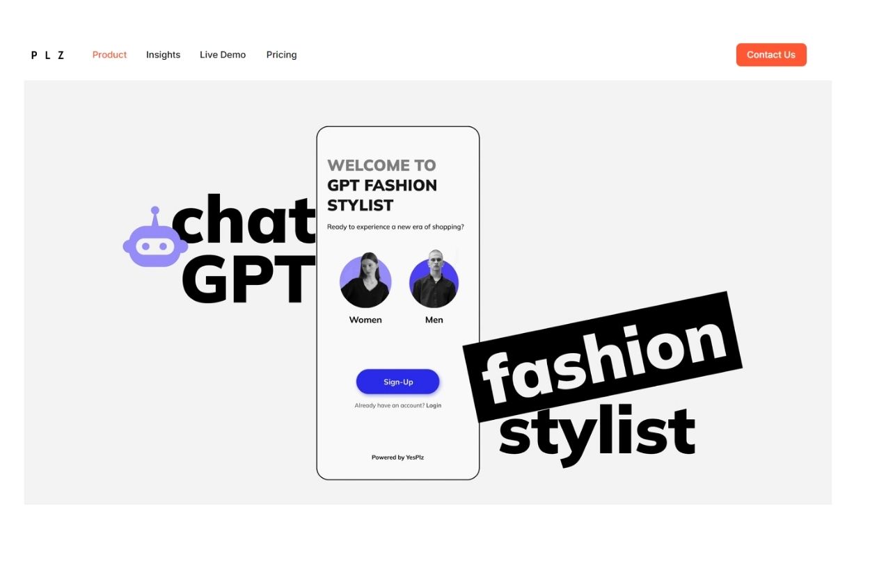 Website interface showcasing "GPT Fashion Stylist" with options for women and men. Features a sign-up button and bold text elements.