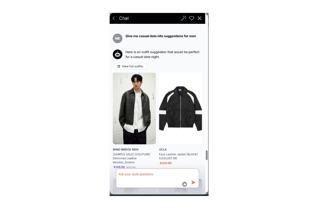Chat interface showing a suggestion for a casual date night outfit for men, featuring a black leather jacket and white shirt.