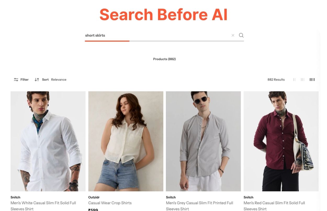 Screenshot showing Zilo's Shopify search results before AI integration displaying irrelevant products when searching for 'short skirts'