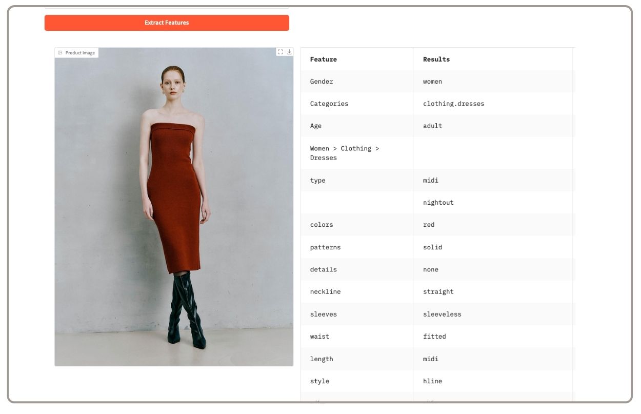 Woman in a red strapless midi dress and black boots stands against a gray background. A table of tagging features and results is on the right.