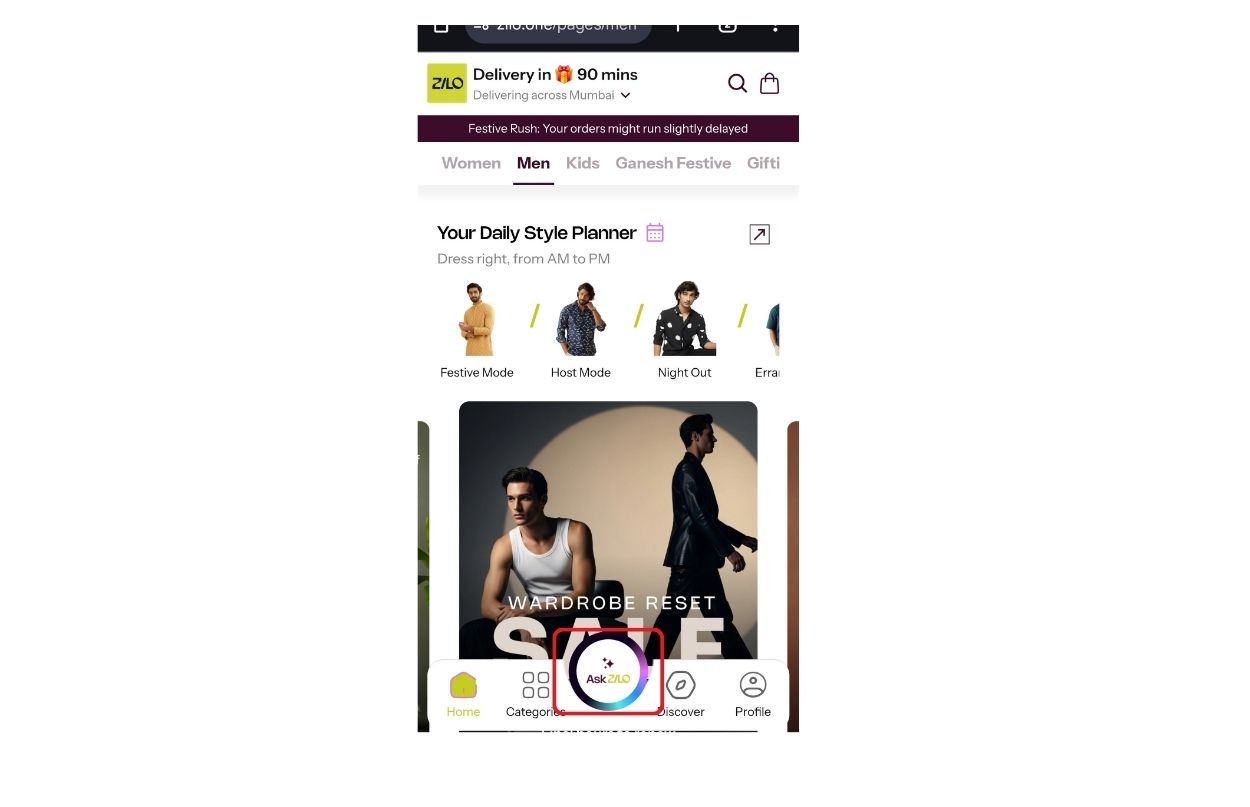 Screenshot of an app interface showing a fashion planner with categories like Festive Mode and Night Out, featuring images of men's outfits.