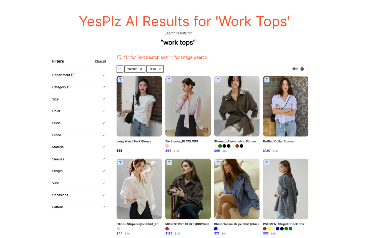 The same search query 'work tops' on YesPlz AI returns structured, office-appropriate pieces. A screenshot of YesPlz AI fashion native search results for 'work tops' shows eight structured blouses and button-down shirts in neutral tones.