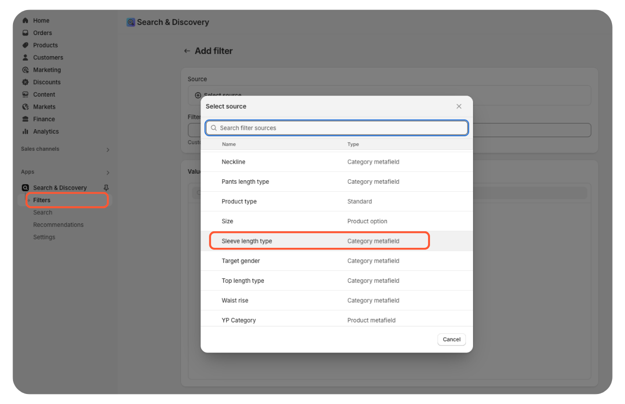 A screenshot of Shopify filters setup showing how to select filter sources from metafields.