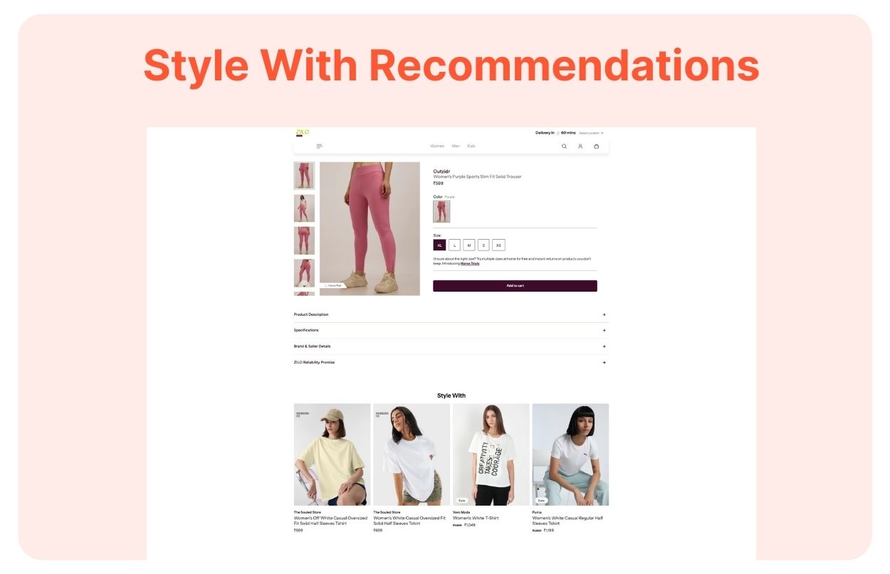 Complete the Look' section on Zilo product detail page showing recommended clothing and accessories to match the main item