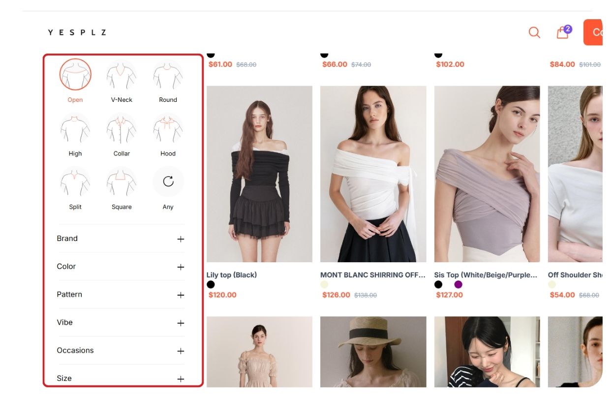 Online clothing store interface showing various women's tops, with filter options for neckline, brand, color, pattern powered by AI Tagging