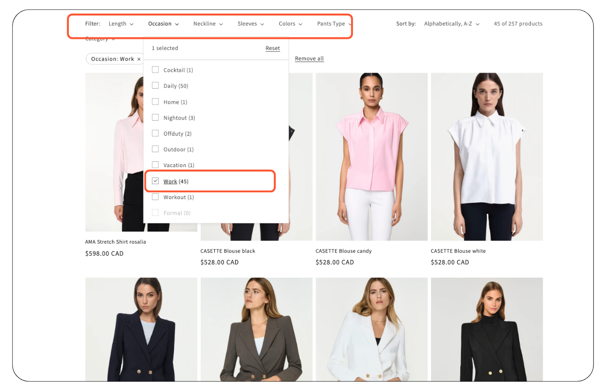 Screenshot of an eCommerce product page using an AI-powered filter to display workwear tops. The “Work Occasion” filter is selected, showing various blouses and shirts for the work category.