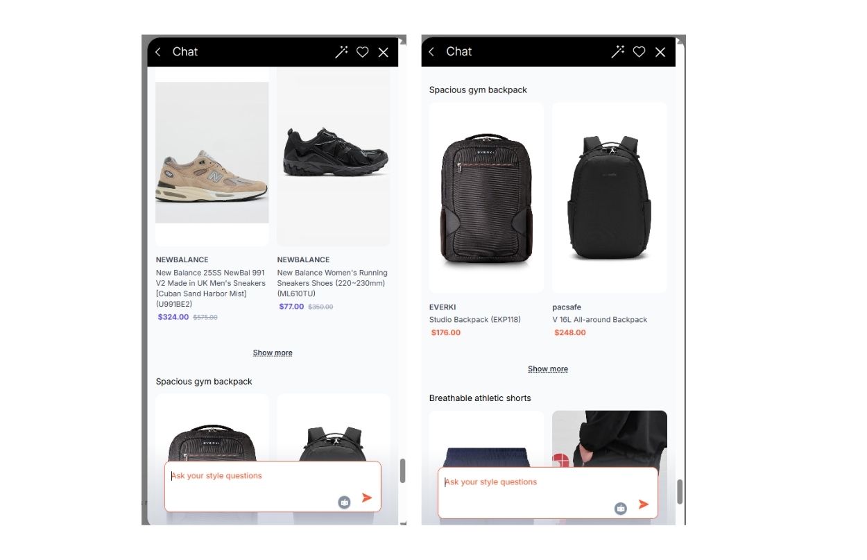 Mobile shopping app displaying sneakers, backpacks, and shorts with prices. Chat feature at the bottom for style questions.