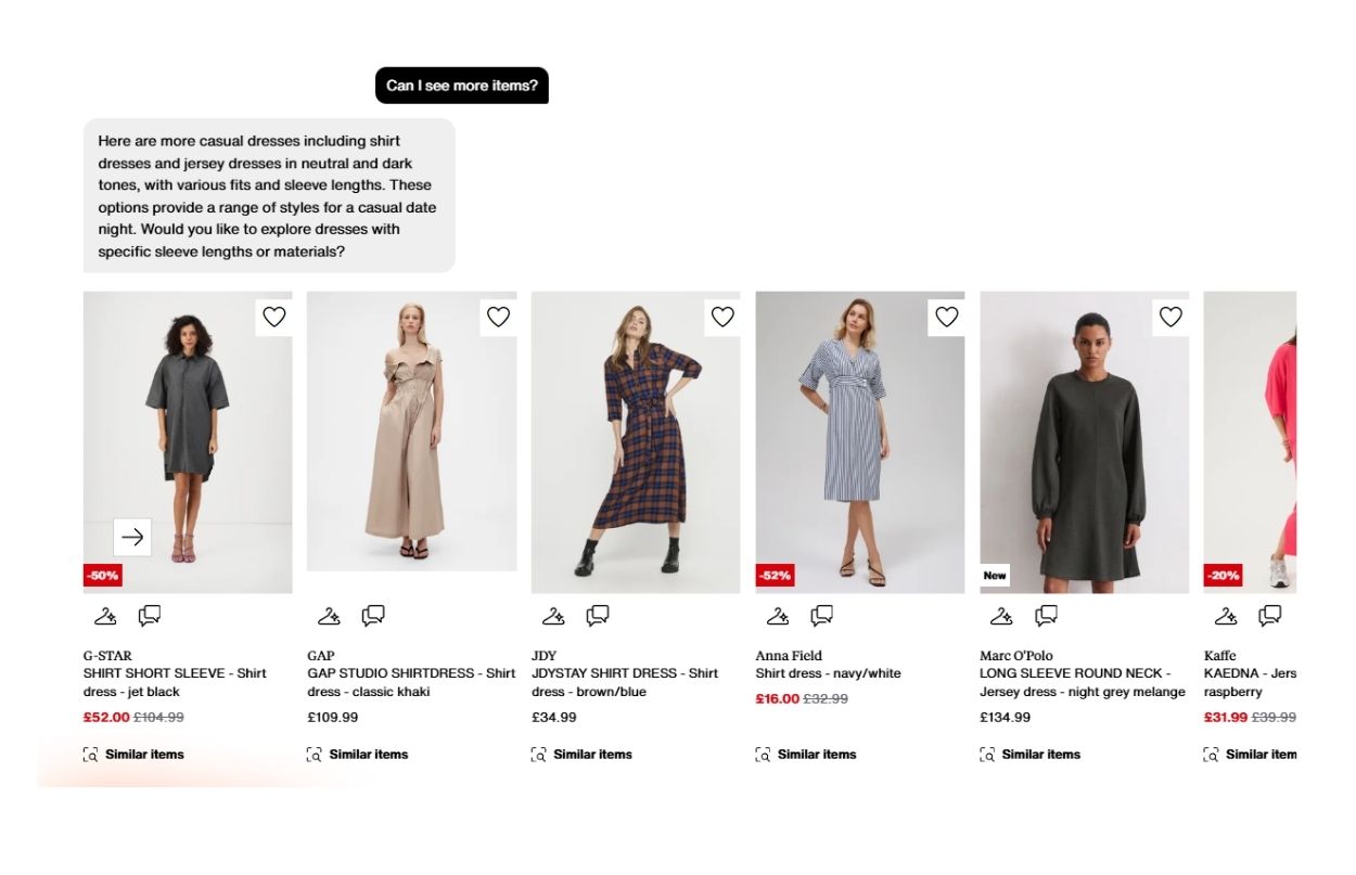 A selection of casual dresses in various styles and colors, with price discounts and options to view similar items.