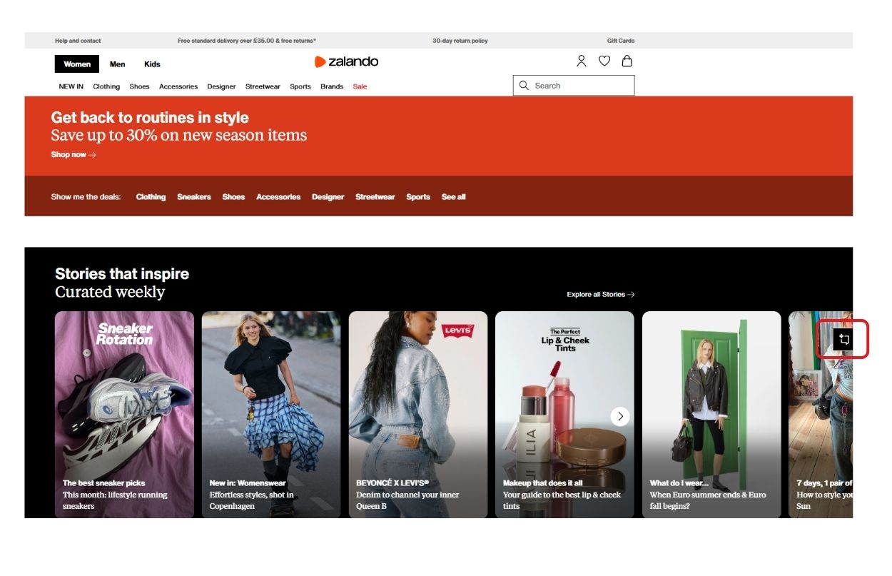 Zalando webpage featuring a banner for new season items, curated weekly stories, and a shopping cart icon highlighted on the right.