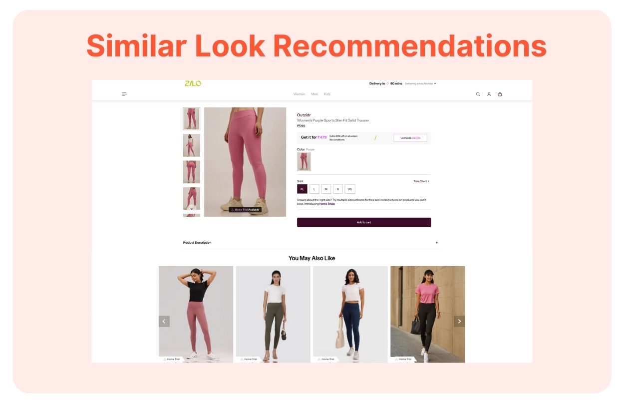 Product detail page on Zilo displaying AI-powered 'Similar Items' recommendations for related styles