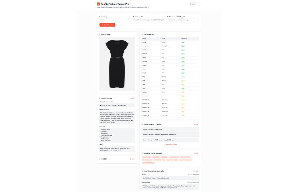 Screenshot of the YesPlz Fashion Tagger showing AI image tagging for a black midi dress. The system automatically extracts fashion attributes like color, sleeve length, neckline, and occasion to enhance product discovery and SEO.