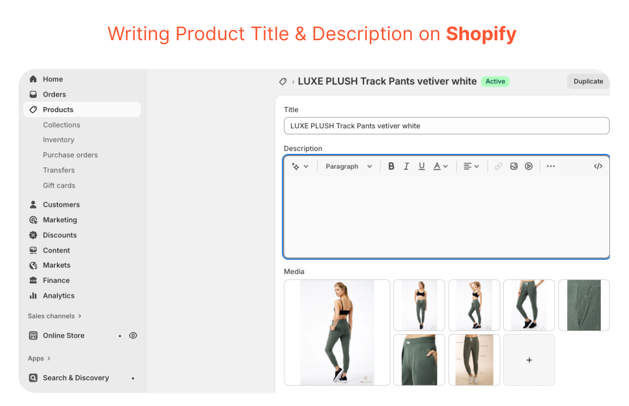Shopify product pages editor showing manual entry of product title and description.