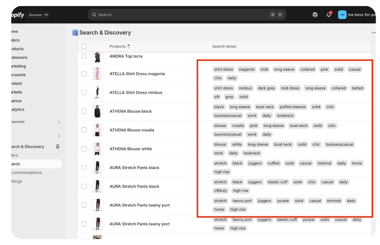 A search interface displaying clothing items on the left and a highlighted section of search terms on the right.