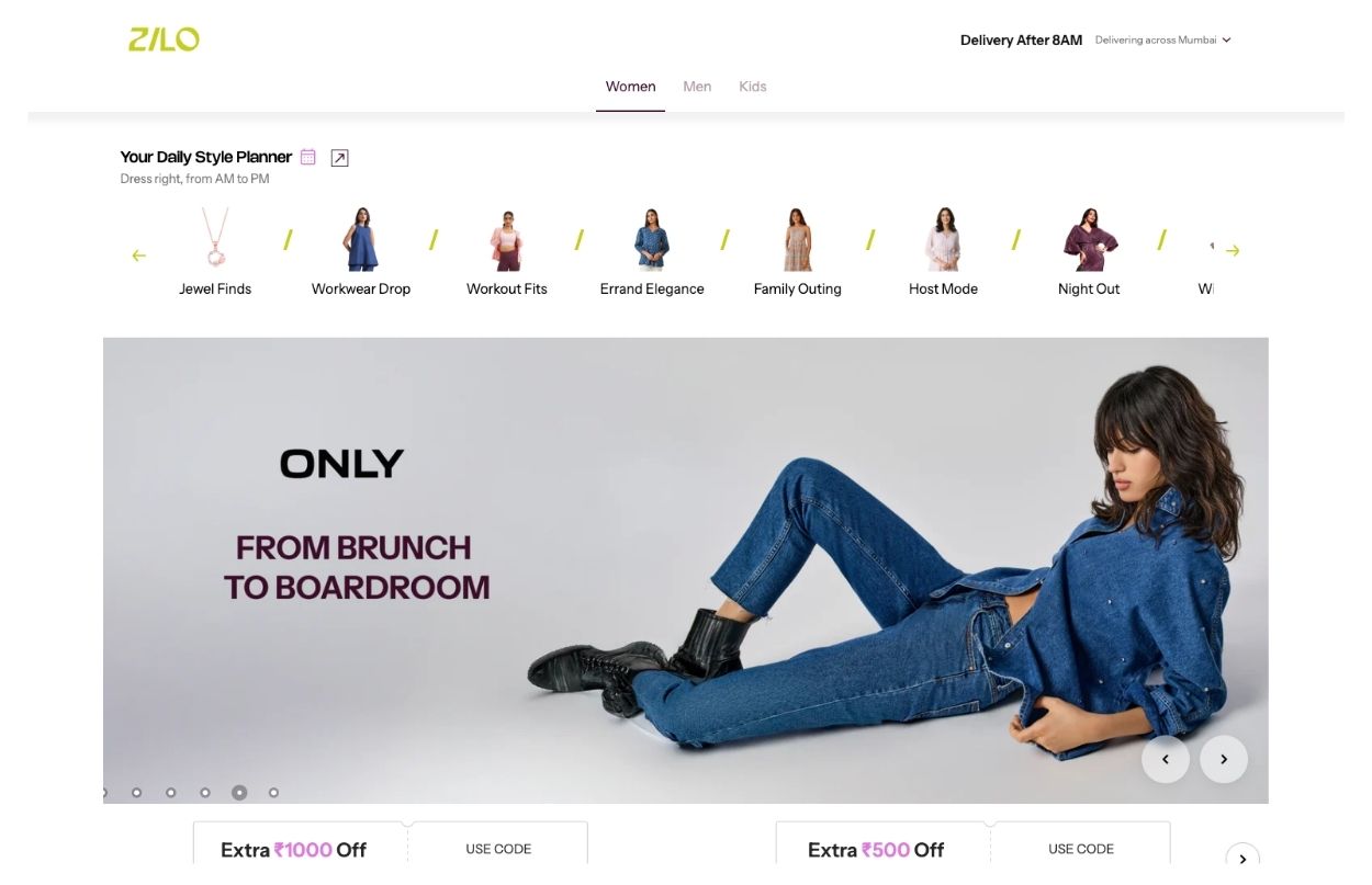 Fashion website interface featuring a woman in denim, promotional text "From Brunch to Boardroom," and discount offers at the bottom.