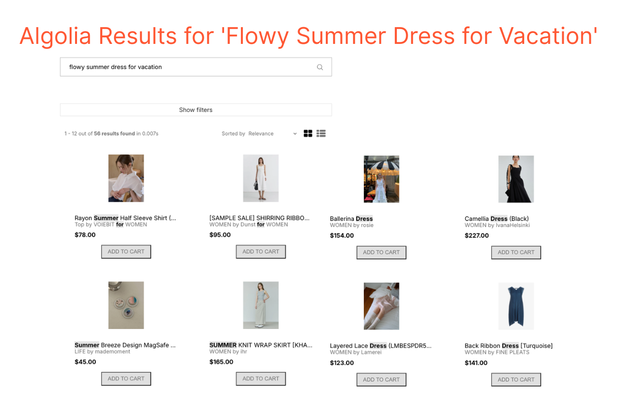 Algolia search results for 'flowy summer dress for vacation' return shirts, skirts, and unrelated items.