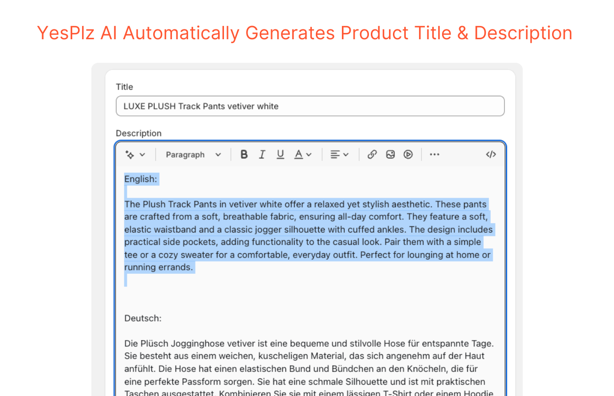 A screenshot shows how AI autofills product title and description fields for Shopify product pages.