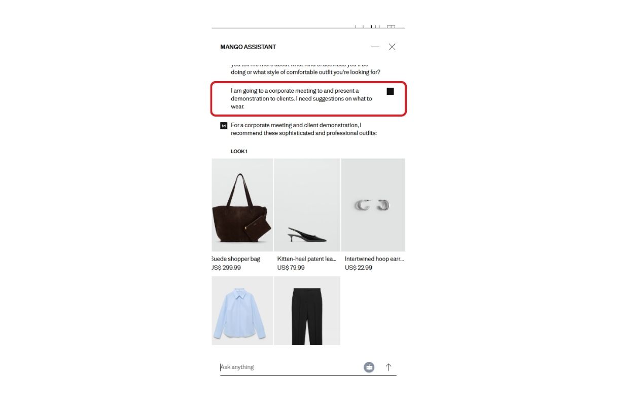 Screenshot of a virtual assistant interface suggesting outfits for a corporate meeting, featuring a bag, shoes, earrings, shirt, and trousers.