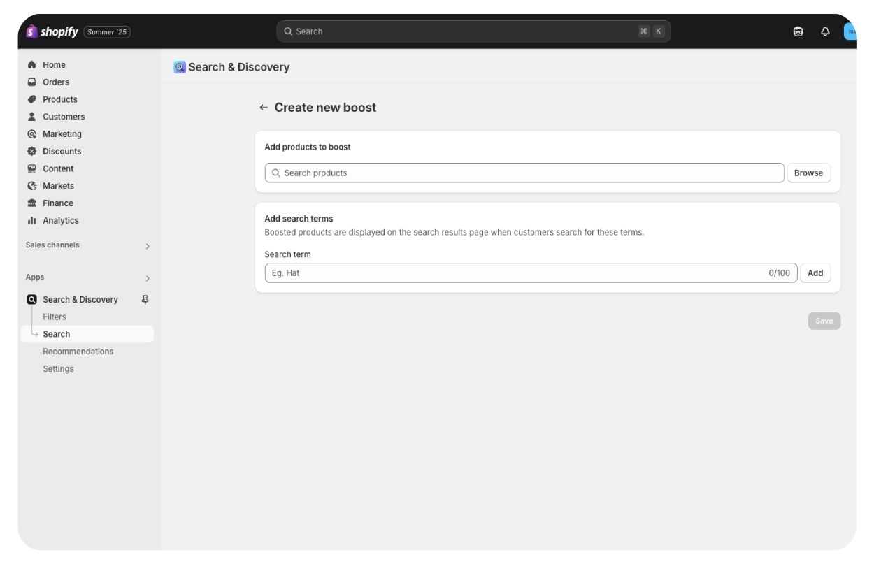 Shopify dashboard showing "Create new boost" page with options to add products and search terms for boosting.