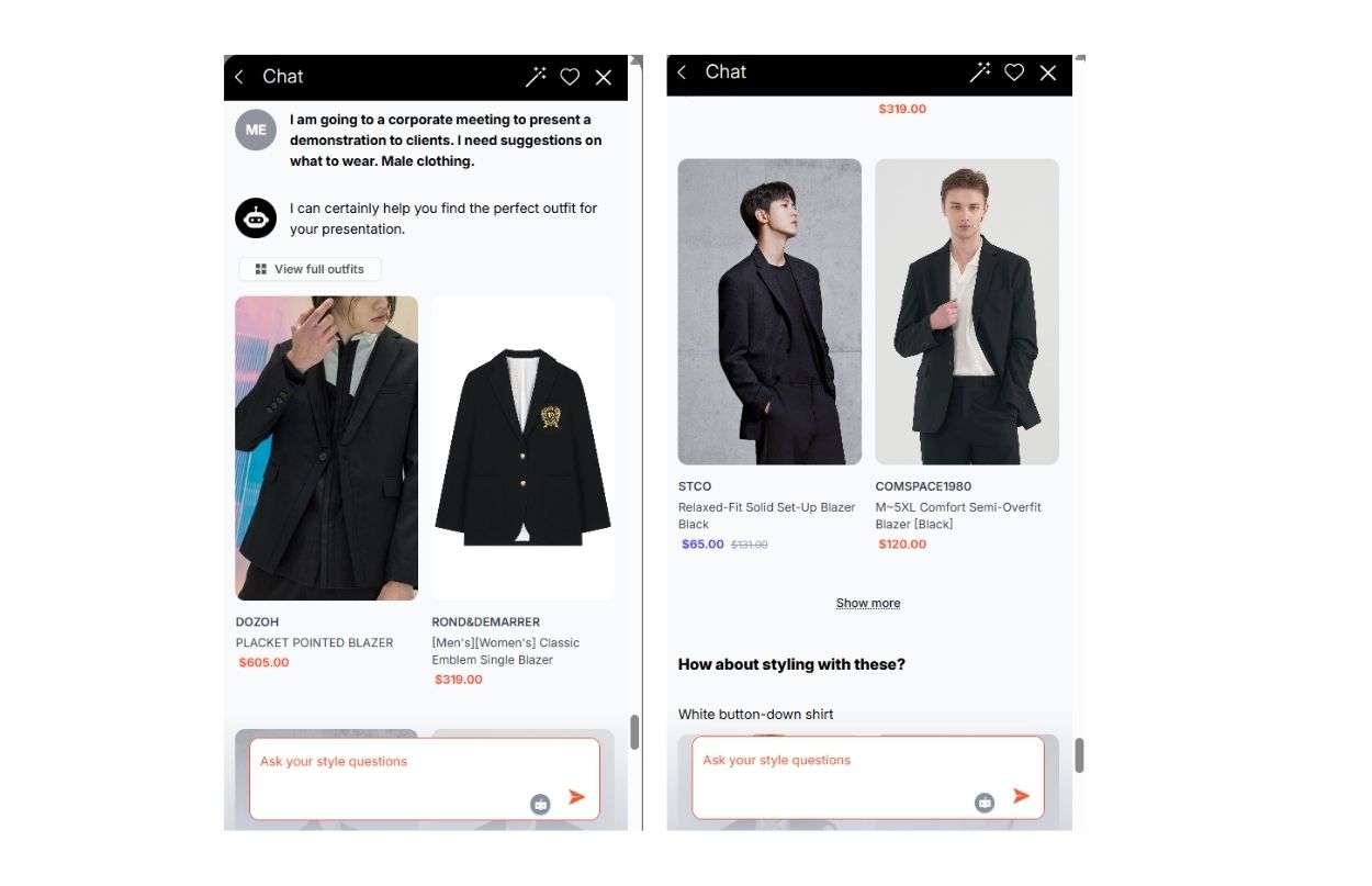 Two chat screenshots showing male clothing suggestions for a corporate meeting, featuring blazers and a white button-down shirt.