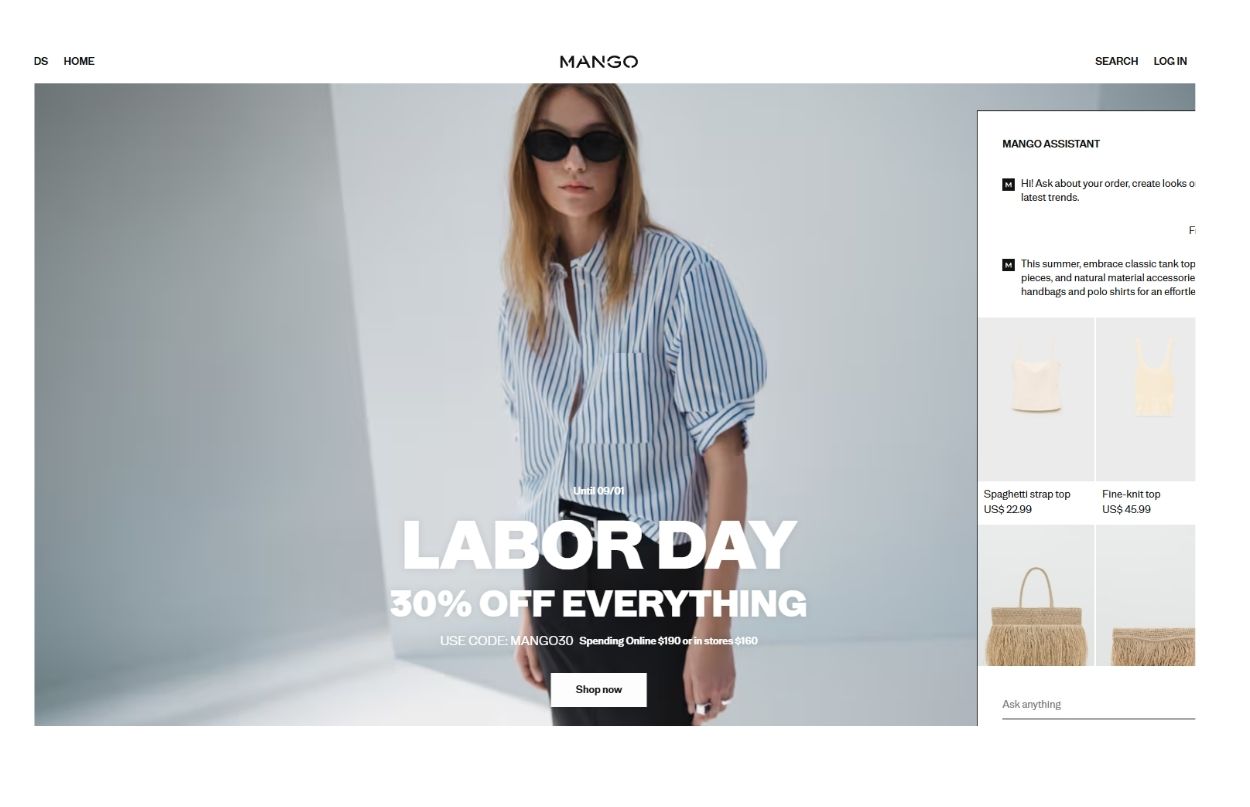 Woman in striped shirt and sunglasses stands in a minimalist setting. Text reads "Labor Day 30% Off Everything." Shopping options on the right.