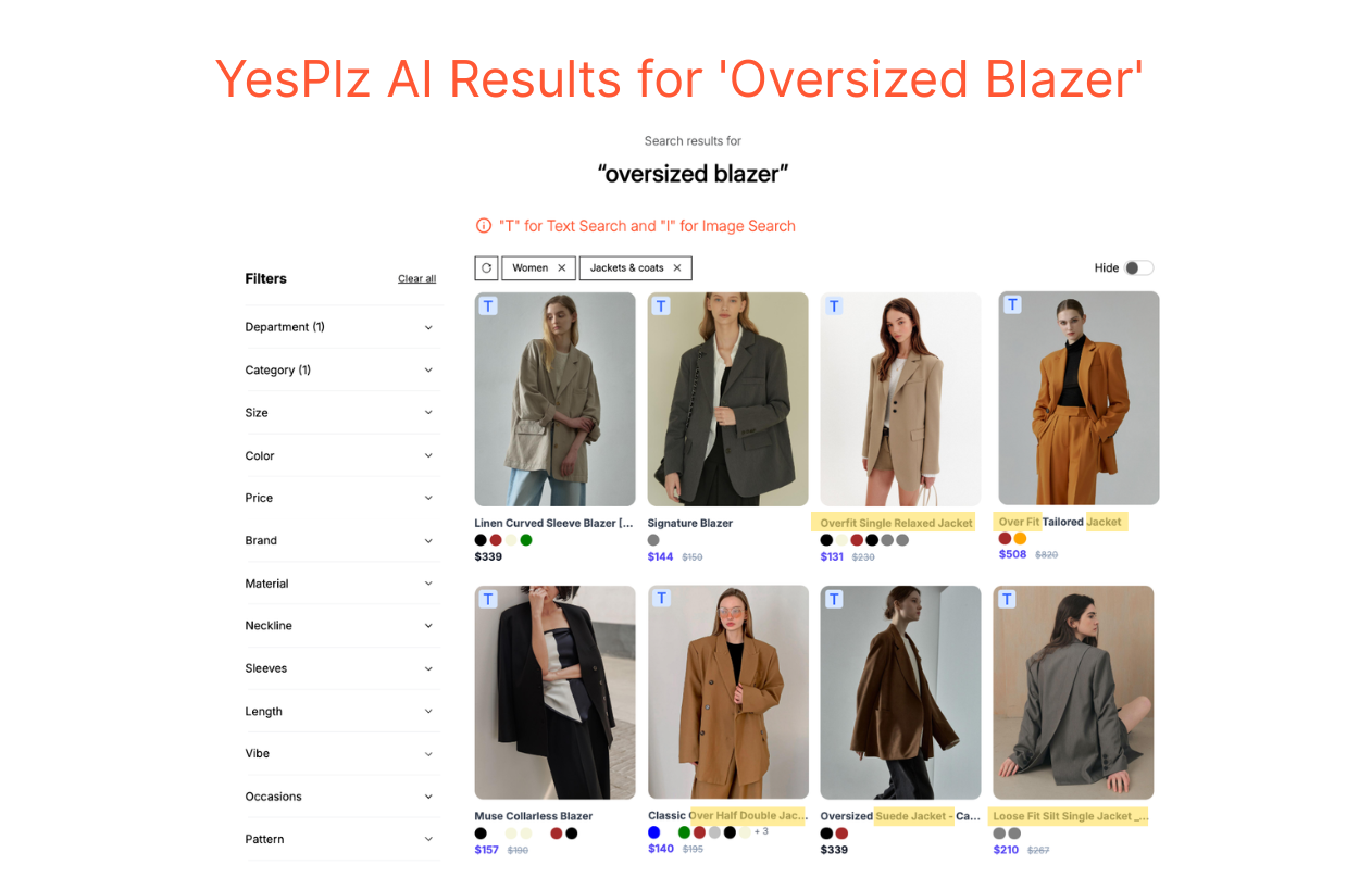 The same query 'oversized blazer' on YesPlz AI returns only blazers in an oversized fit. A screenshot of YesPlz AI fashion search results for 'oversized blazer' shows eight blazers in oversized silhouettes.