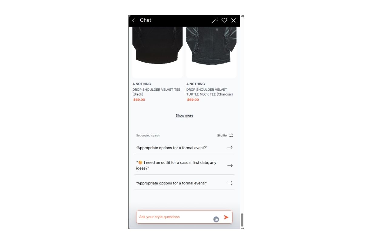 A mobile shopping app screen displaying two velvet tees in black and charcoal with prices, and a chat section for style questions.