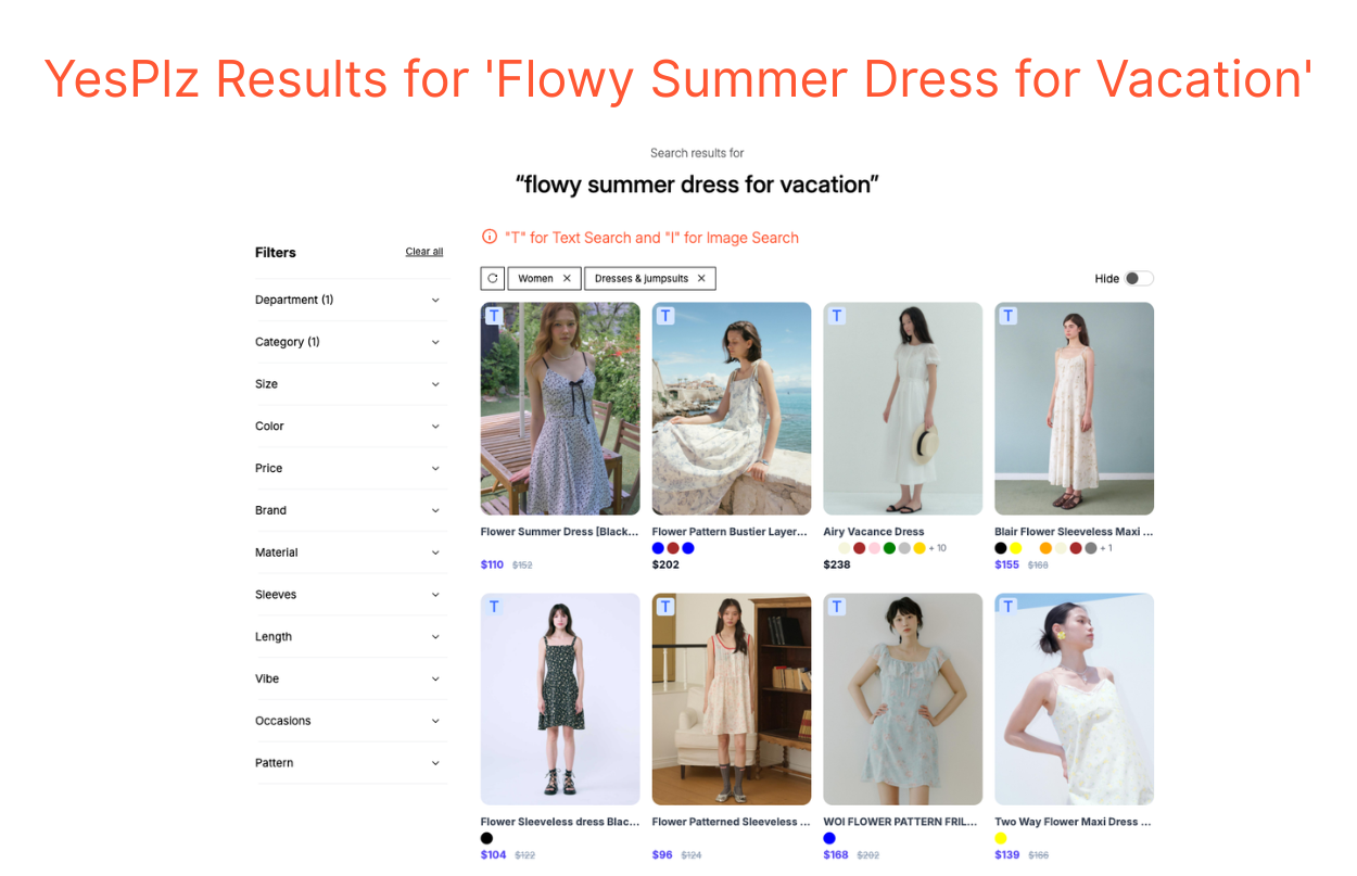 The same query 'flowy summer dress for vacation' on YesPlz AI returns only flowy, vacation-appropriate dresses. A screenshot of YesPlz fashion search results for 'flowy summer dress for vacation' shows 8 light, flowing dresses in floral and soft prints.