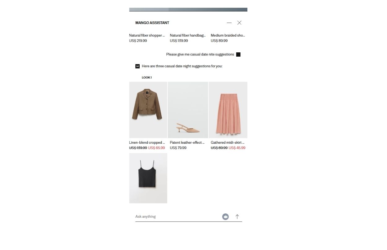 Shopping app interface showing clothing items: a brown jacket, beige heels, pink skirt, and black tank top with prices listed.