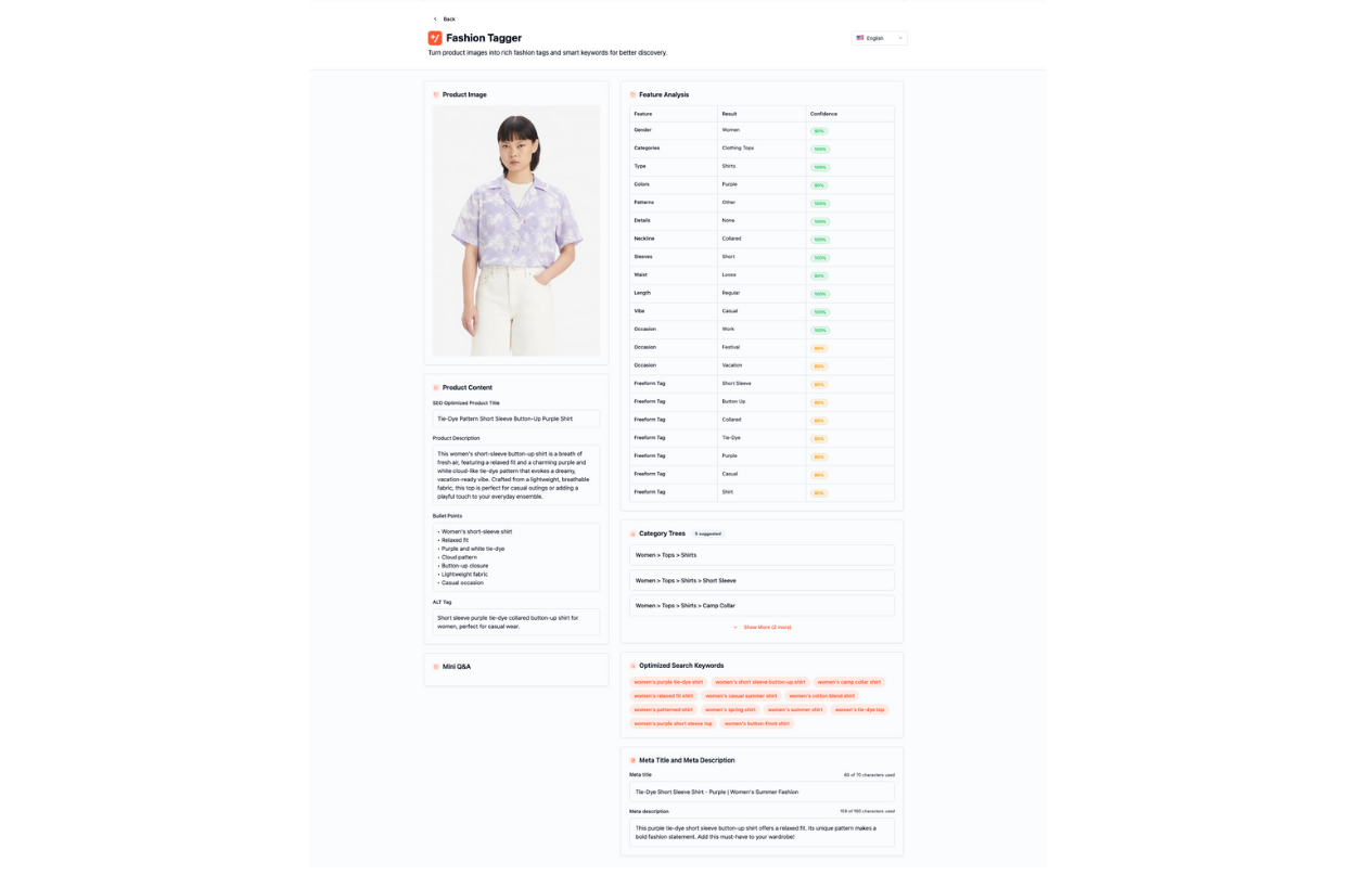 YesPlz AI generates tags, descriptions, and other SEO elements from a fashion image to optimize Shopify product pages.