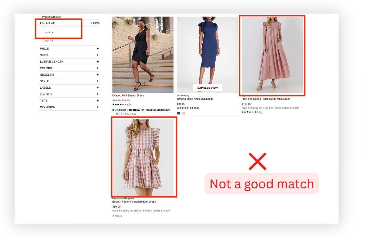 Online clothing store results filtered by “Work” displaying casual and vacation dresses that are not suitable for office wear.