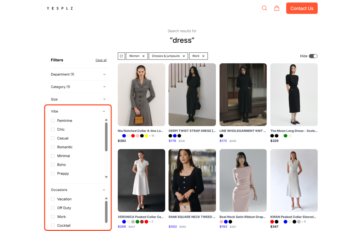 YesPlz Vibe & Occasion Filters YesPlz fashion search interface with filters for vibe styles like feminine, chic, casual and occasions such as vacation, off duty, work, and cocktail.