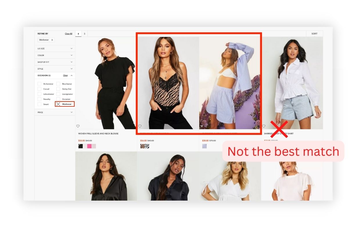 Ecommerce product grid filtered by “Workwear” showing irrelevant fashion items that do not match the work occasion.