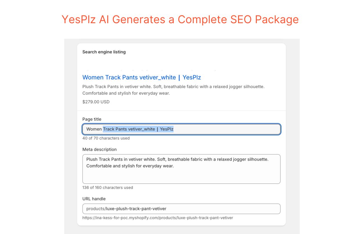 Screenshot of YesPlz AI generating SEO fields, including page title, meta description, and URL handle to automate Shopify product pages.