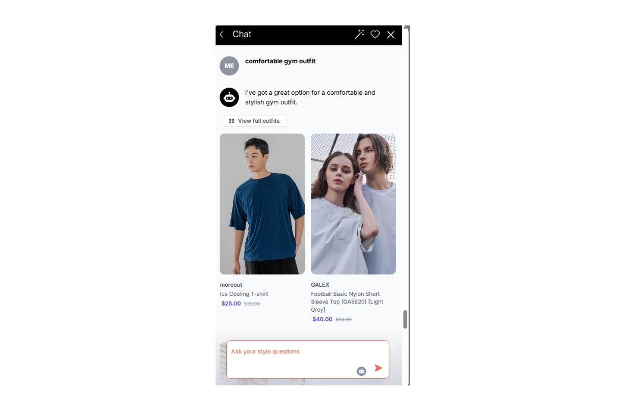 Screenshot of a chat suggesting a comfortable gym outfit, featuring two clothing options: a blue T-shirt and a white top, with prices listed.