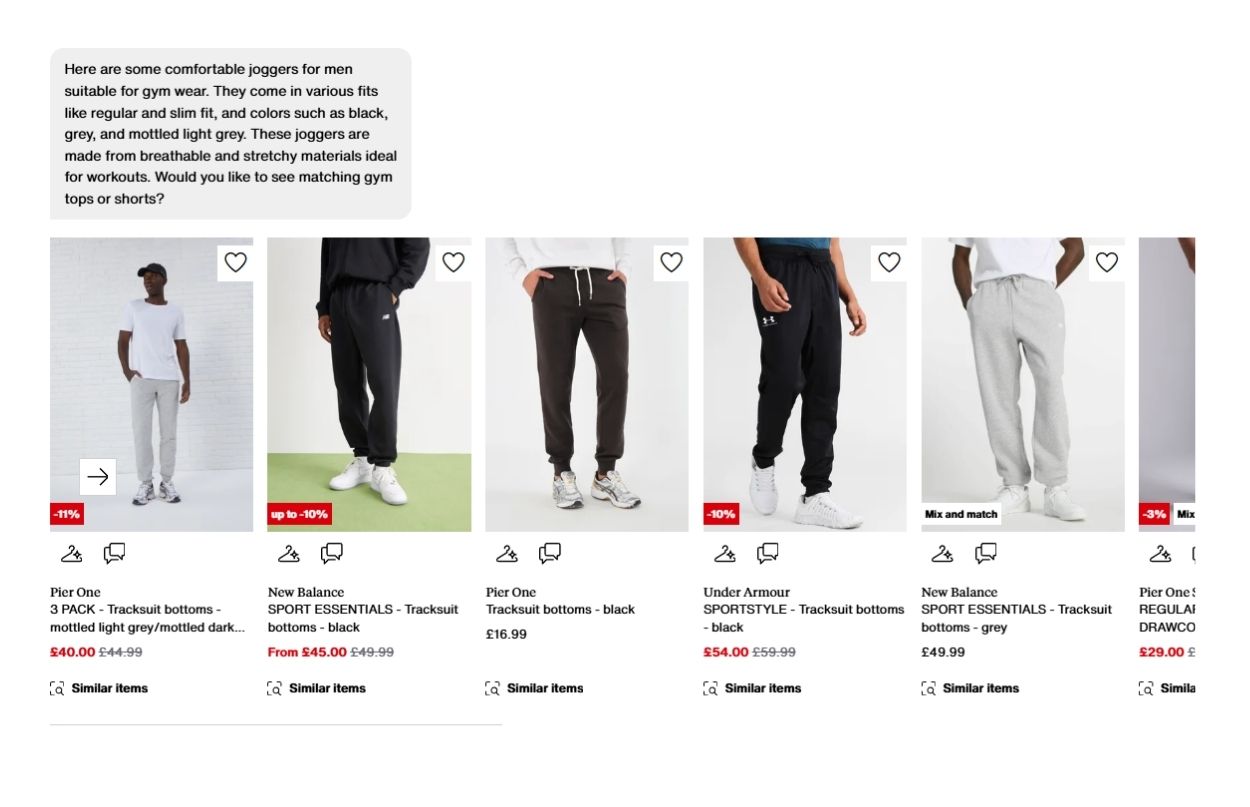 A selection of men's joggers in various styles and colors, displayed with prices and discounts on a shopping website.