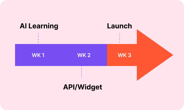 Flowchart with a purple arrow showing a three-week timeline: "AI Learning" (Week 1), "API/Widget" (Week 2), and "Launch" (Week 3).