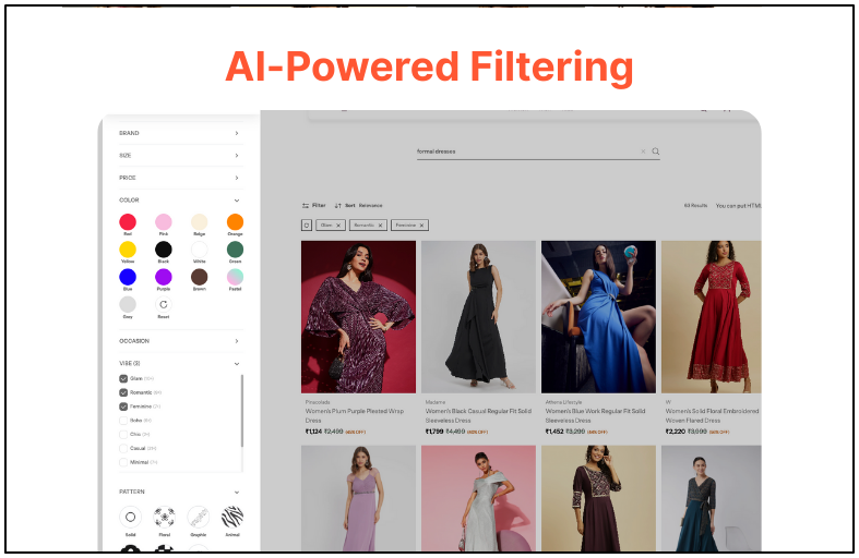 Instead of sticking to basic attributes like size or color, the AI fashion search engine goes deeper. It lets shoppers filter by occasion, vibe, pattern, and more.