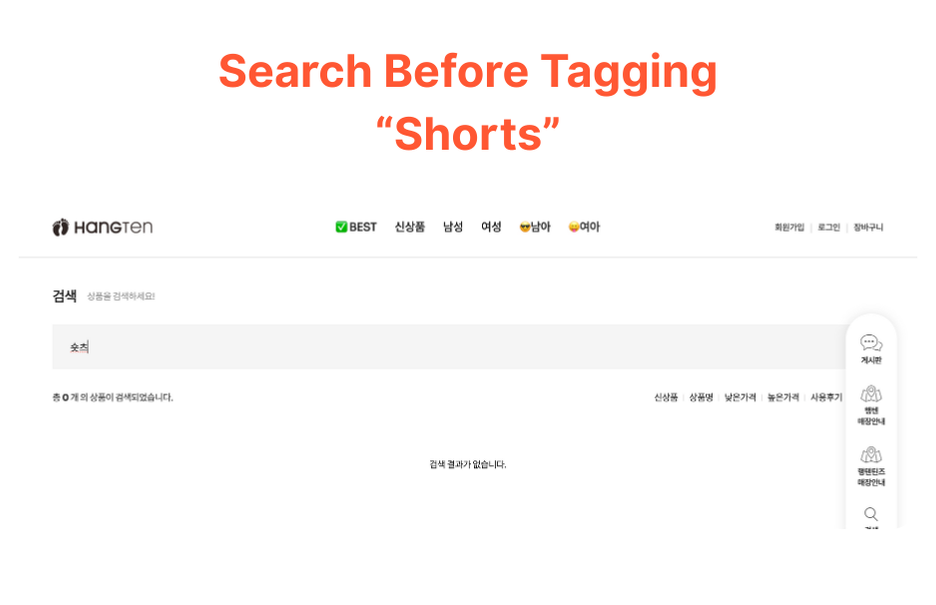 Before AI tagging, this search term returned zero results. The problem was that none of shorts in Hang Ten catalog had the keyword 쇼츠 attached.