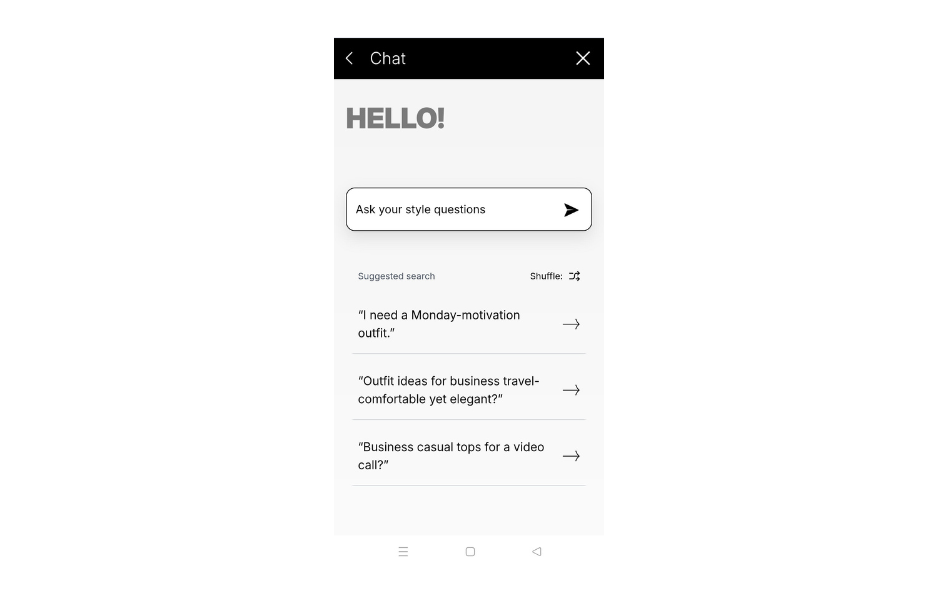 The AI stylist offered two flexible options: Input text into the search box or choose from the suggested prompts