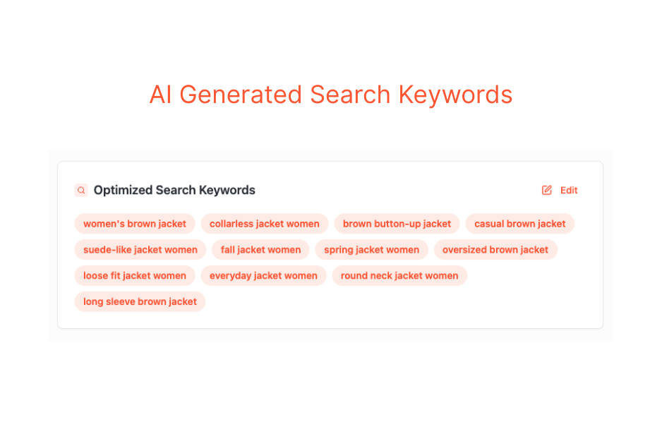 Beyond image tagging, AI automatically generates optimized search keywords that match how shoppers actually search for products.