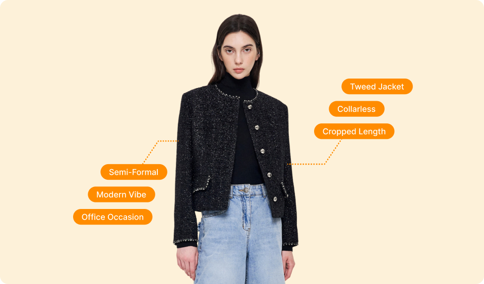 Tweed jacket on a model with AI-generated fashion tags describing design features and styling attributes.