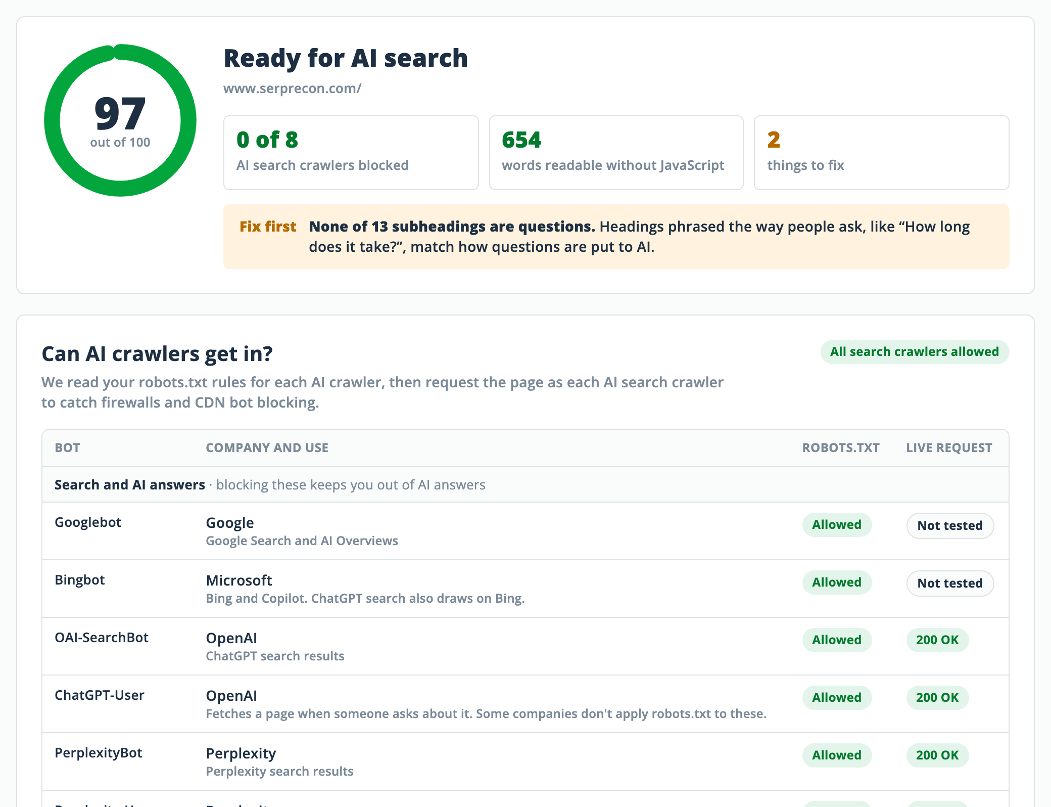 SERPrecon AI Readiness tool