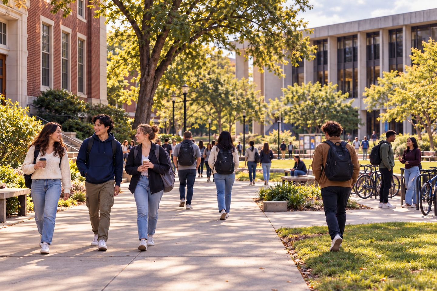 Students walking along a campus walkway